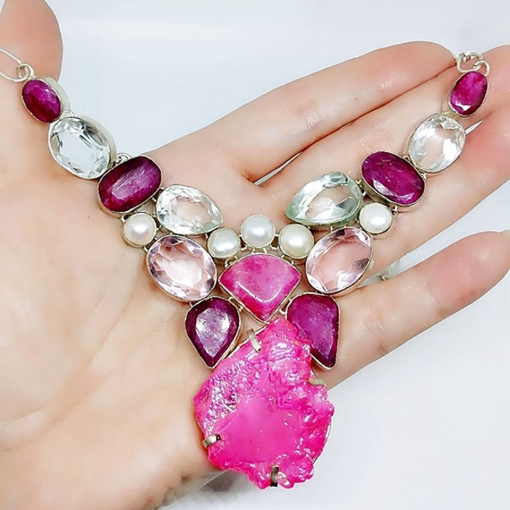 Genuine Ruby and blush pink Silver Necklace